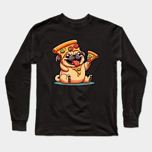 Cute Funny Pug Dog Eating Pizza Long Sleeve T-Shirt